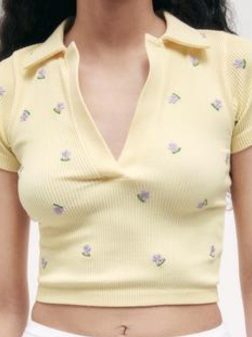Zara Light Yellow Floral Ribbed Polo Crop Top